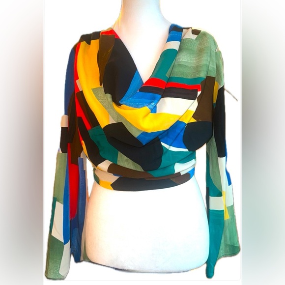Zara Multicolor Flowy Neckline Crop Bell Sleeve Printed Blouse S - Picture 2 of 12